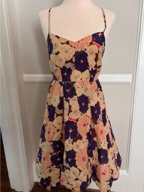 Anthropologie Silk Floral Spaghetti Strap Sundress in Beige, Navy & Pink